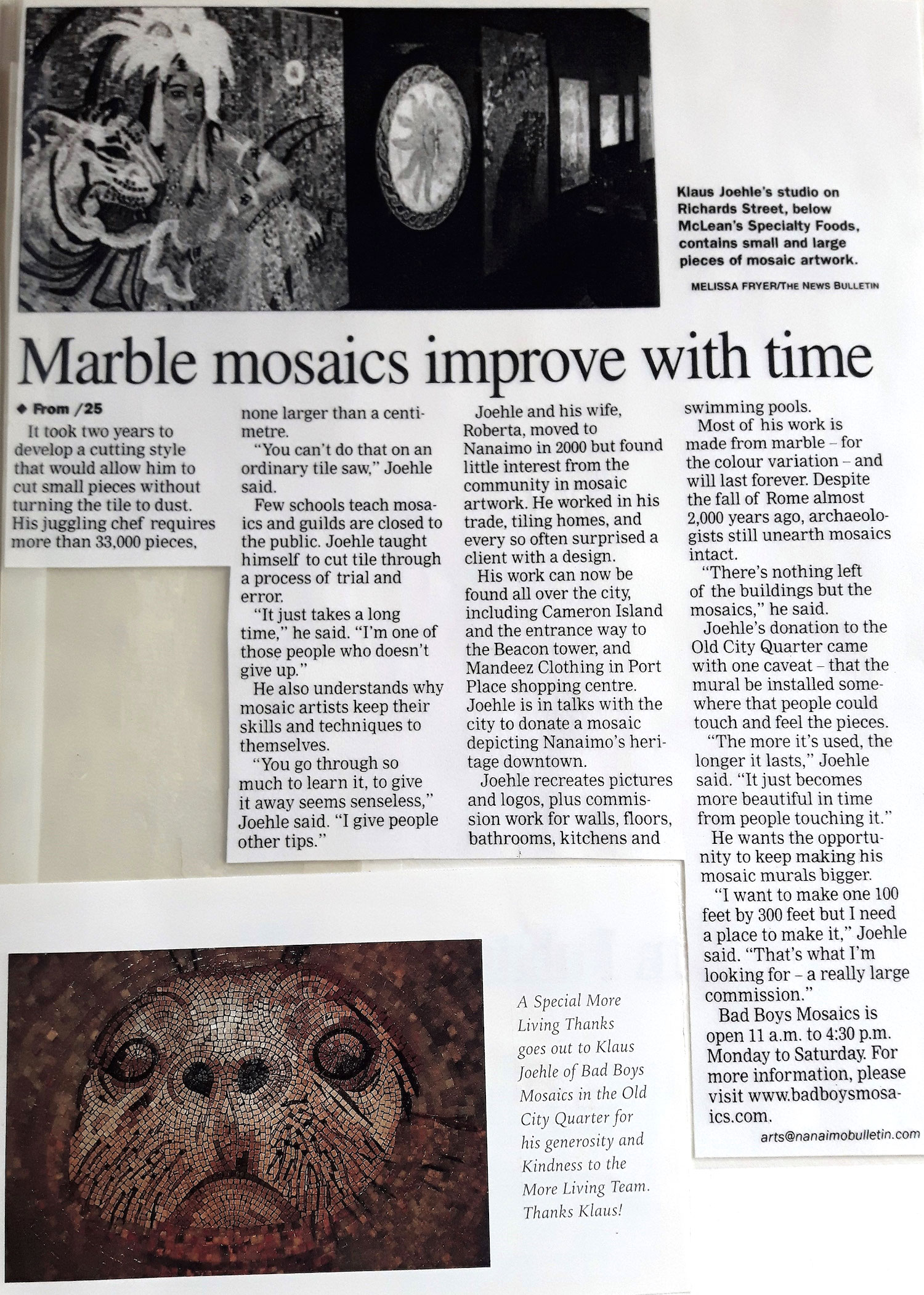 Klaus Joehle mosaic article Nanaimo Bulletin